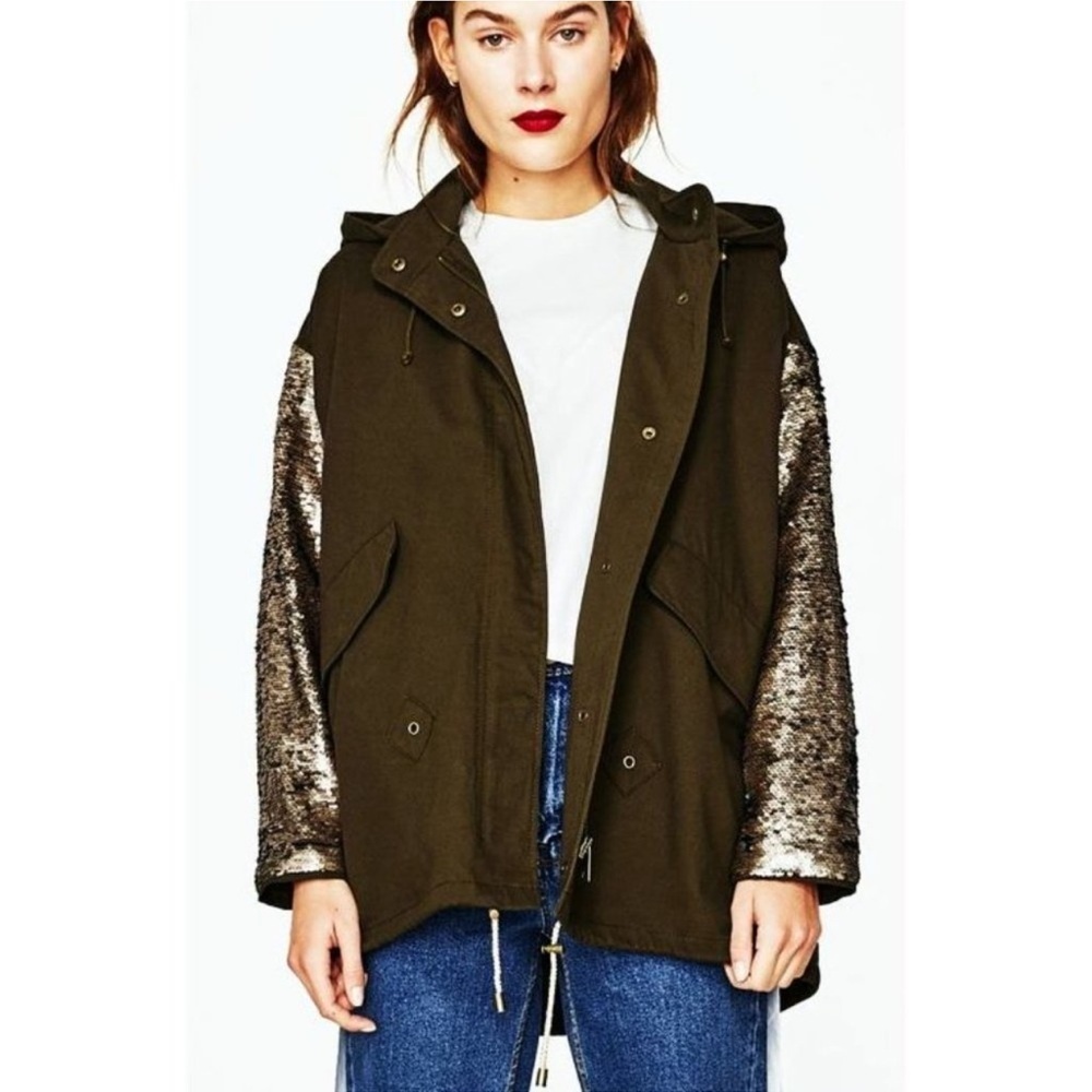 ✅Zara Color-Changing Sequin Sleeve Parka Olive Green Utility Jacket Shiny Size S